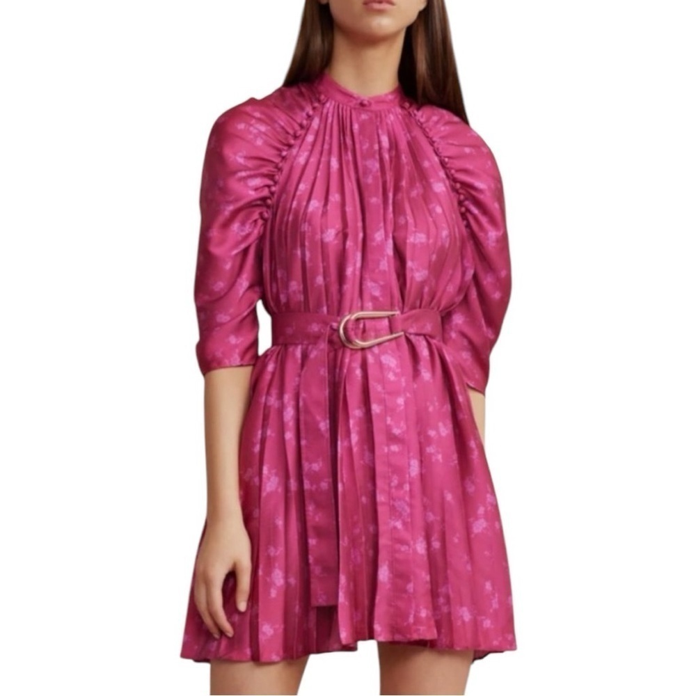 Acler Ivy Dress Fuchsia Mini Belted Pleated Buttons